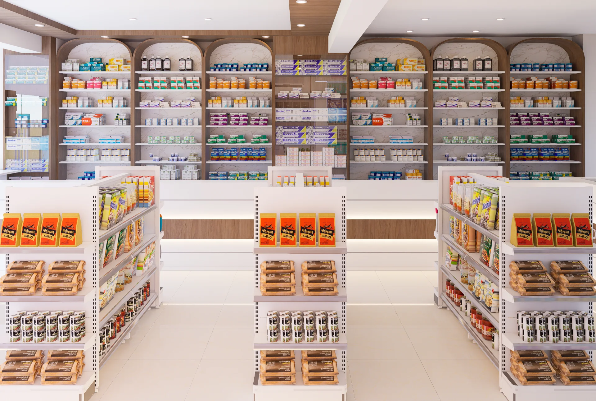 Pharmaceutical prescription dispensary counter with arched teak-and-marble medicine storage shelves and LED under-glow at Oxy Pharma