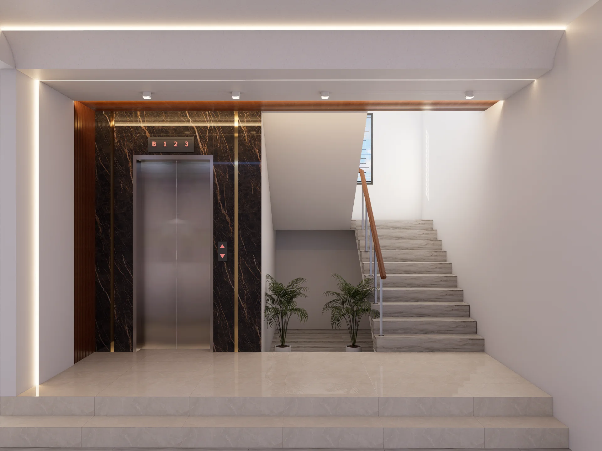 Private duplex elevator foyer cladded in dark marble with gold inlays and linear LED cove ceiling lighting