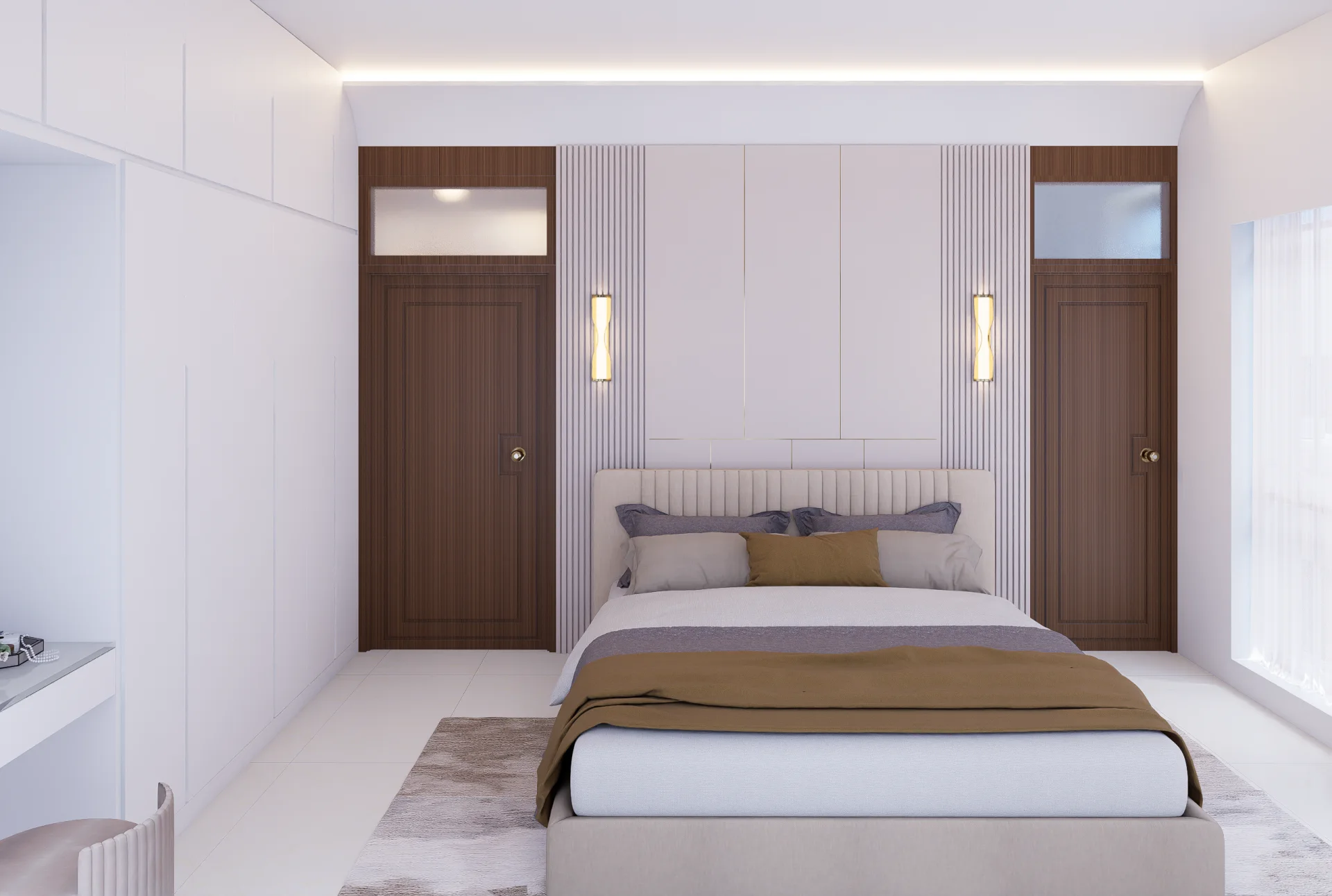 Secondary bedroom with symmetrical wooden doors fluted bed wall paneling and tufted headboard in Bashundhara K Block