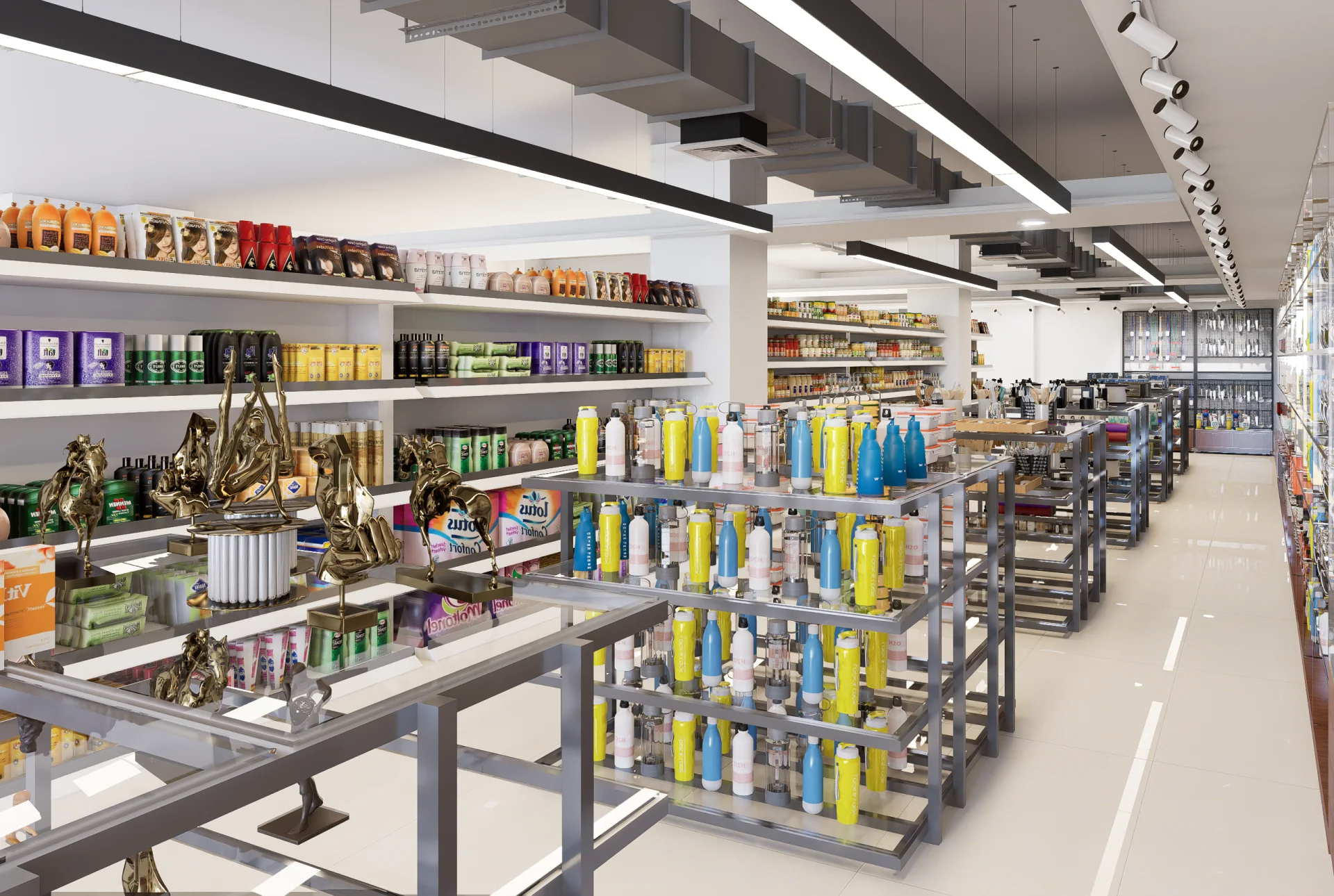 Commercial retail shelving racks and multi-tier steel display islands for lifestyle products in CSD Tower