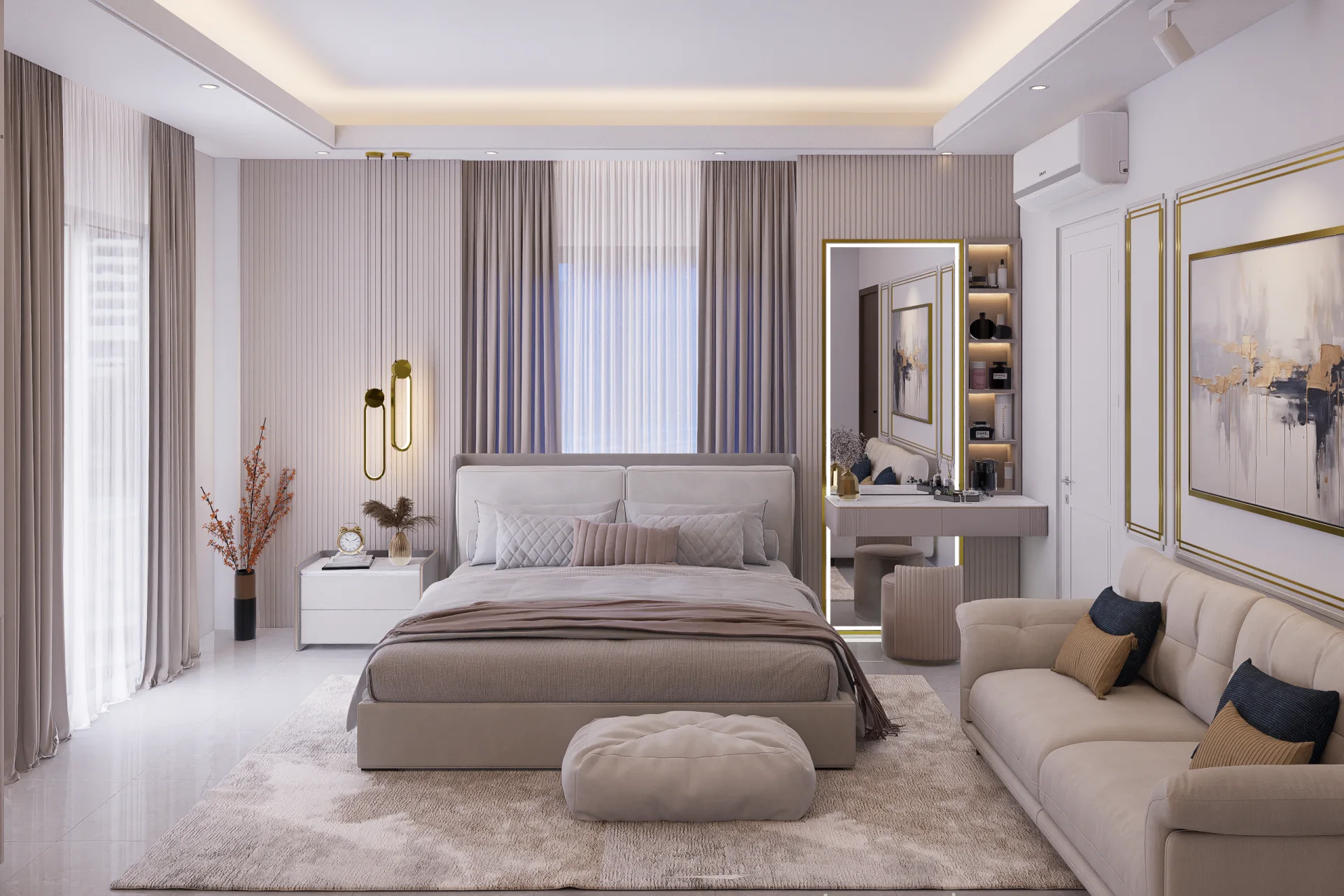 Upper duplex grand master bedroom suite with plush upholstered king bed lounge couch ottoman and suspended tubular brass pendants
